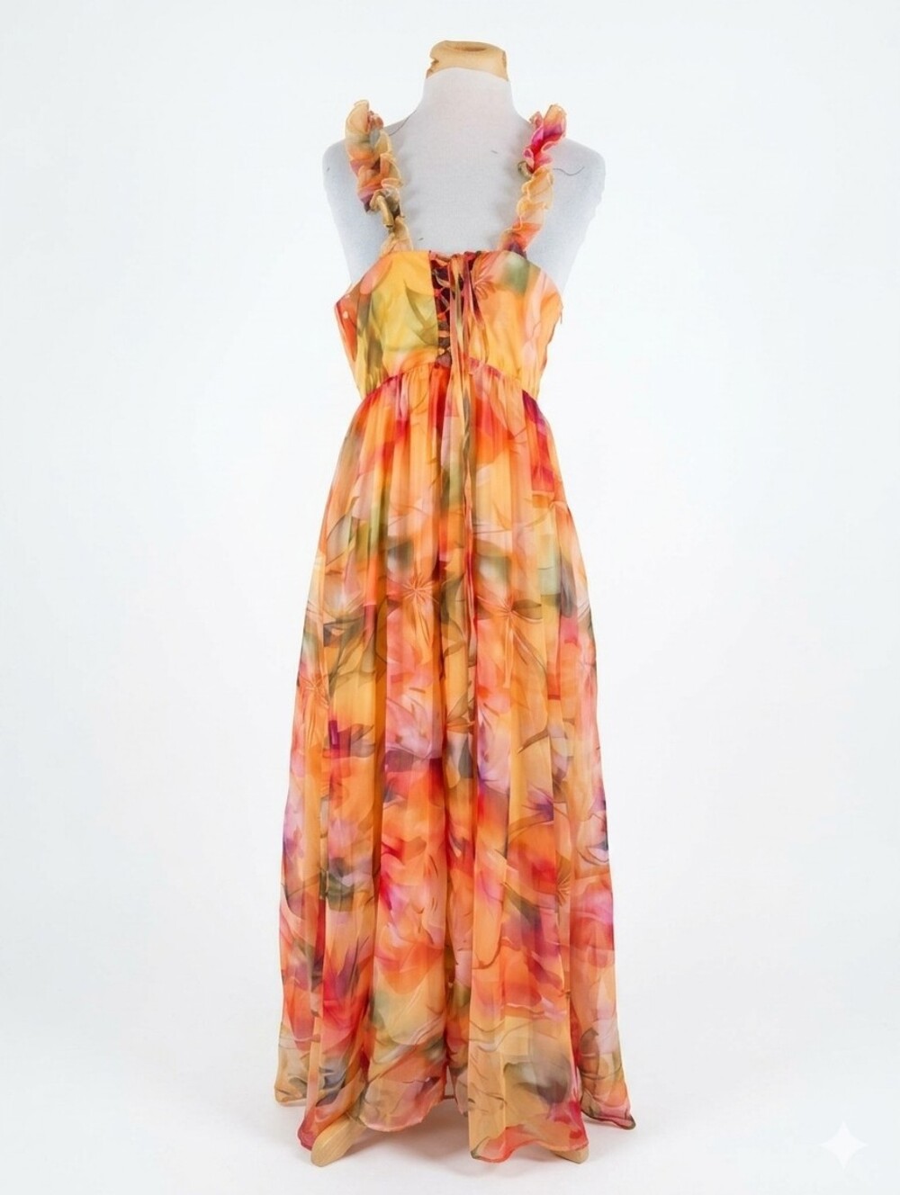 New! Loragal large watercolor chiffon  front lace up maxi dress .